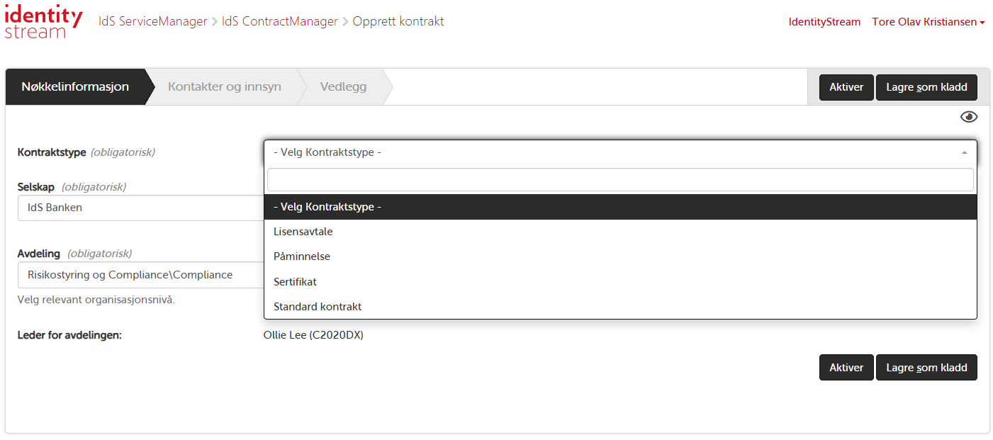 Opprettelse av ny kontrakt - steg 1