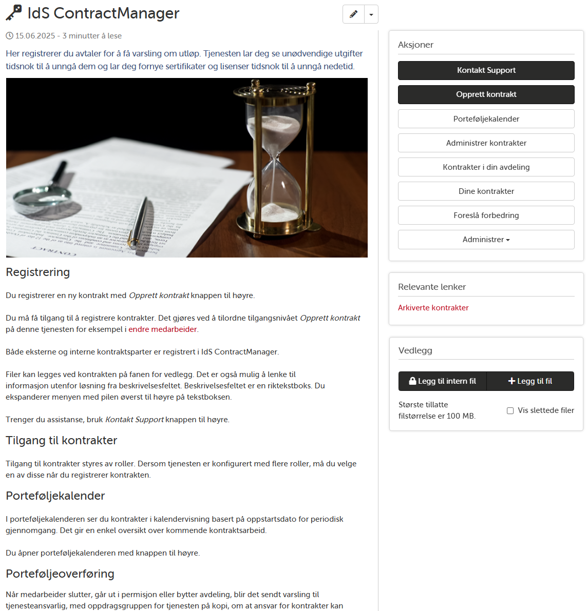 Landingsside for tjeneste med kontraktsdetaljer