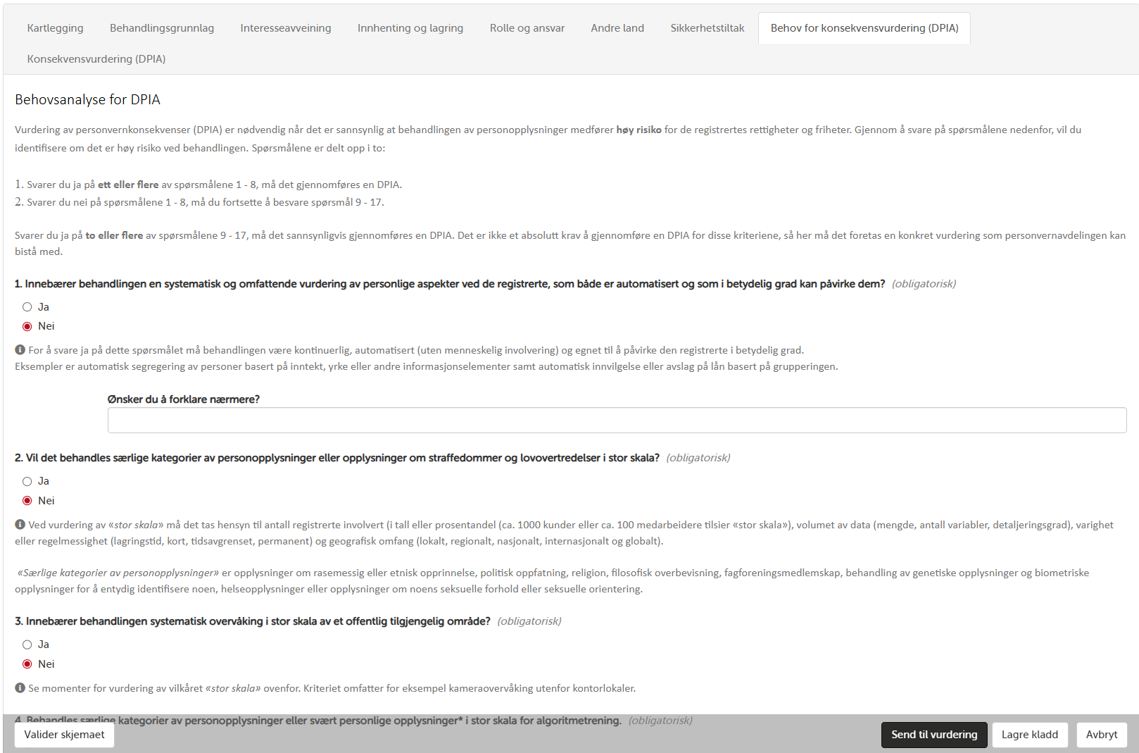Behovsanalyse for DPIA - spørsmål og kriterier for om DPIA må gjennomføres