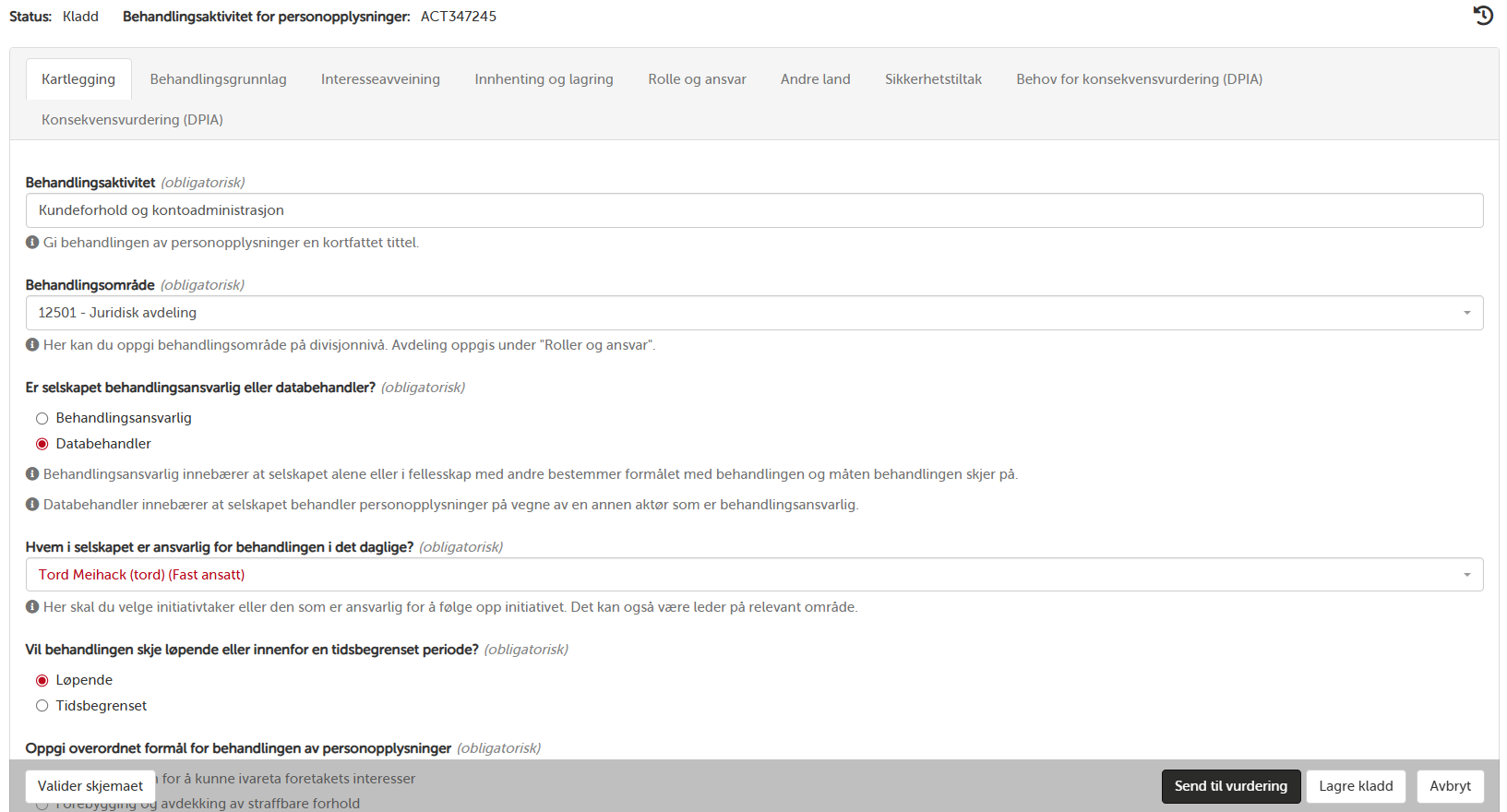 Detaljvisning av behandlingsaktivitet - kartlegging