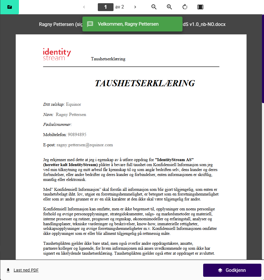 Visning av taushetserklæring i dokumentviser