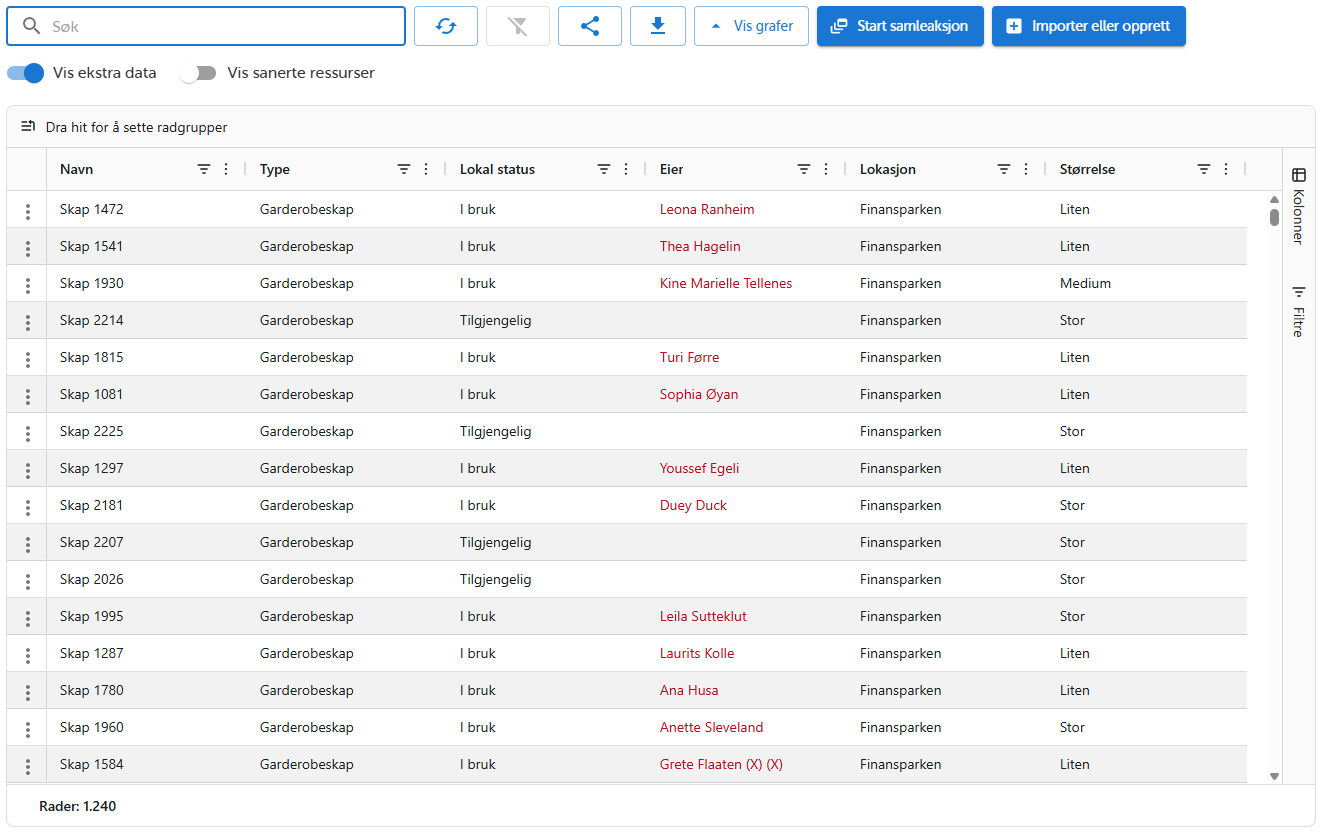 IdS AssetManager - ressursliste for garderobeskap