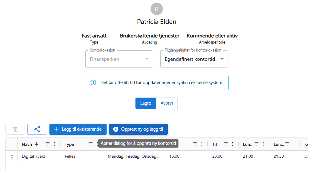 OfficeHoursManager - bruker med kontorlokasjon og kontortid