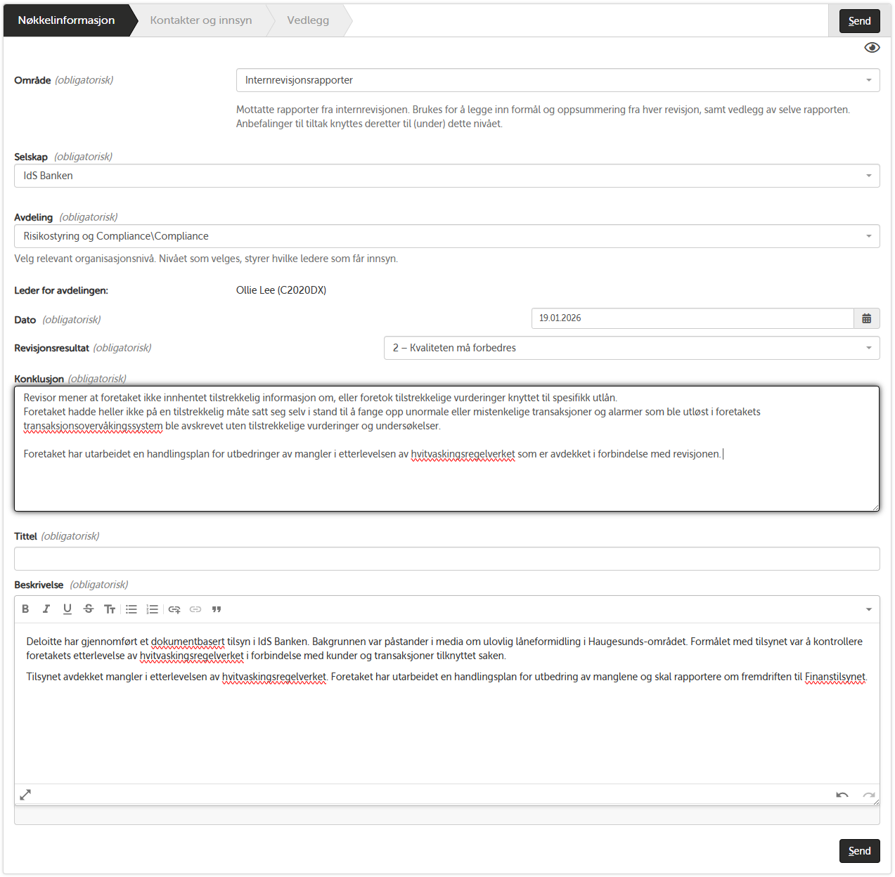 Opprettelse av internrevisjonsrapport med konklusjon og beskrivelse