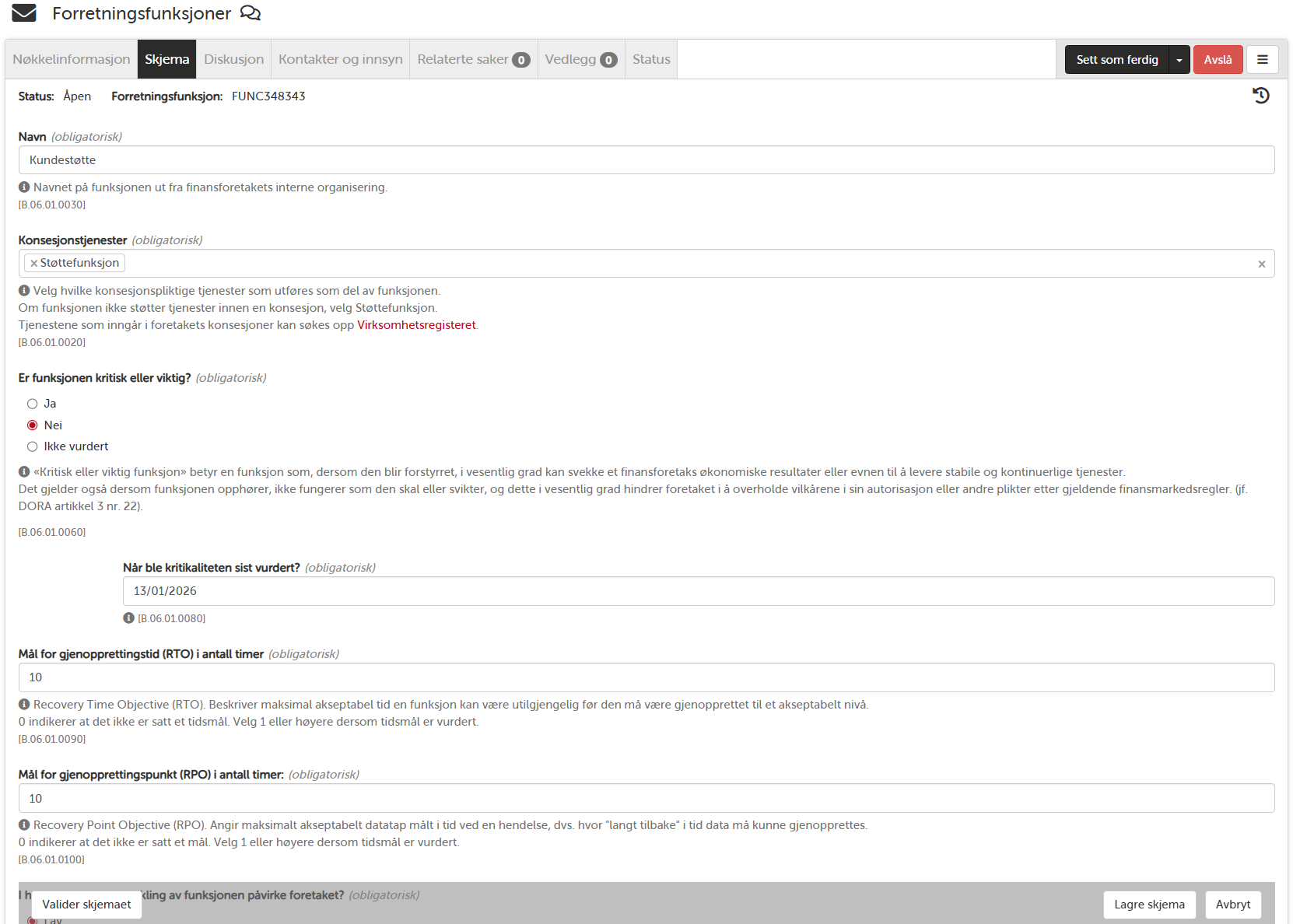 Detaljert informasjon om forretningsfunksjon